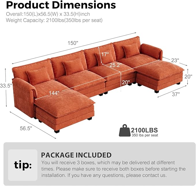 ELUCHANG 150 U Shaped Sectional Couch Comfy Cloud Modular Sectional Sofa with Movable Ottoman 6-Seat Deep Seat Modern Cloud Sofa Couches for Living Room Bedroom and Apartment Chenille Orange