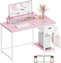 Pamray 39 Inch Computer Desk with Monitor Stand Small Home Office Desks with Non-Woven Storage Drawer for Bedroom Study Table Writing and Work Desk Pink