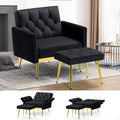 Velvet Accent Chair w/Adjustable Armrests and Backrests Tufted Single Sofa with Ottoman Upholstered Reading Chiar for Living Room Apartment Bedroom Black