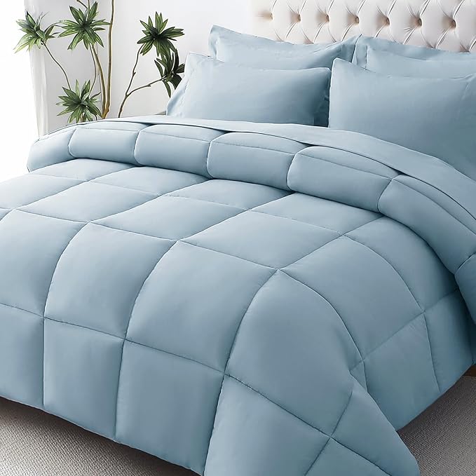 JOLLYVOGUE King Comforter Set Ultra-Soft Bed in a Bag King Size 7 Pieces Oeko-TEX Certified Bedding Set with Down Alternative Comforter Sheets Pillowcases &amp Shams Lake Blue