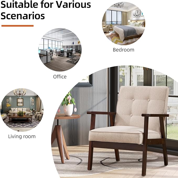 Accent Chair Mid Century Modern Chair for Living Room Comfy Fabric Armchair with Solid Wood Frame Soft Thick Padded Side Chairs Easy Assembly (1 Fabric Beige)