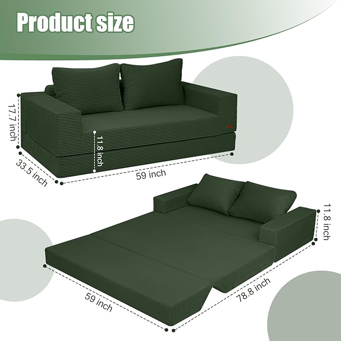 COMAX Convertible Sofa Bed Queen Corduroy Folding Floor Couch Pull Out Couch Bed Futon Sleeper with Pillows Fold Out Boneless Sofa Comfy Lounge Mattress Loveseat for Living Room Bedroom Green