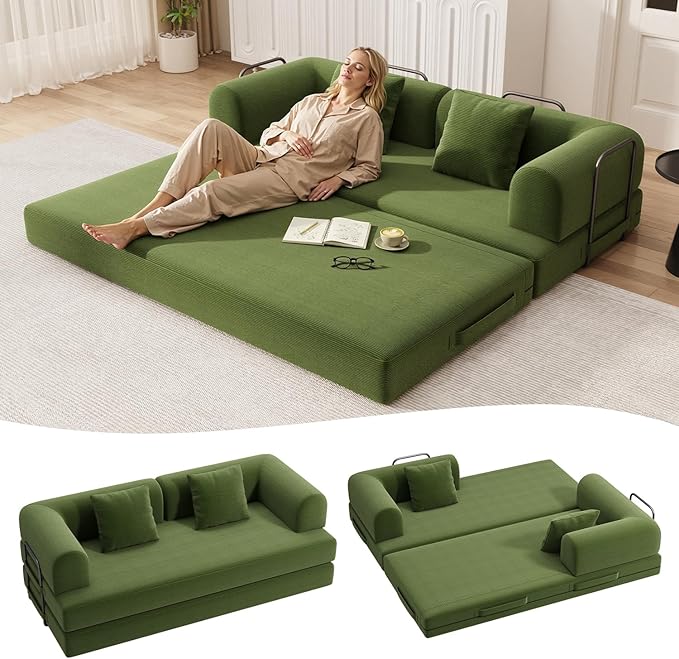 Ahomly 78.8'' Convertible Sofa Bed5-in-1 Boneless Couch with Removable ArmrestsFolding Futon Sofa Bed Includes 2 PillowsComfy Pull Out Couch for Living RoomNo Assembly RequiredGreen