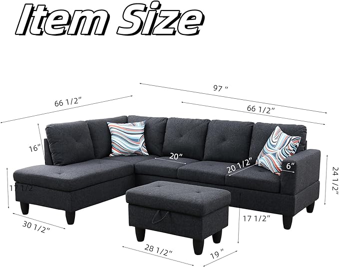 L Shaped Sectional Couch with Ottoman Modern Lounge Modular Sectional Sofa with Storage L Shaped Couch for Living Room Bedroom Dark Grey