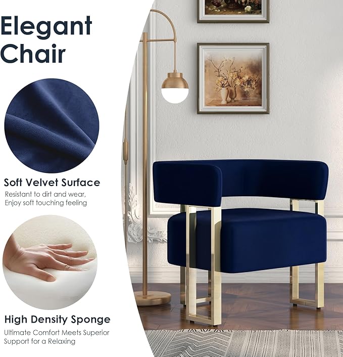 AODAILIHB Modern Accent Chair Blue Velvet Barrel Chairs with Gold Metal Legs - Upholstered Armchairs for Living Room Bedroom Lounge &amp Waiting Room