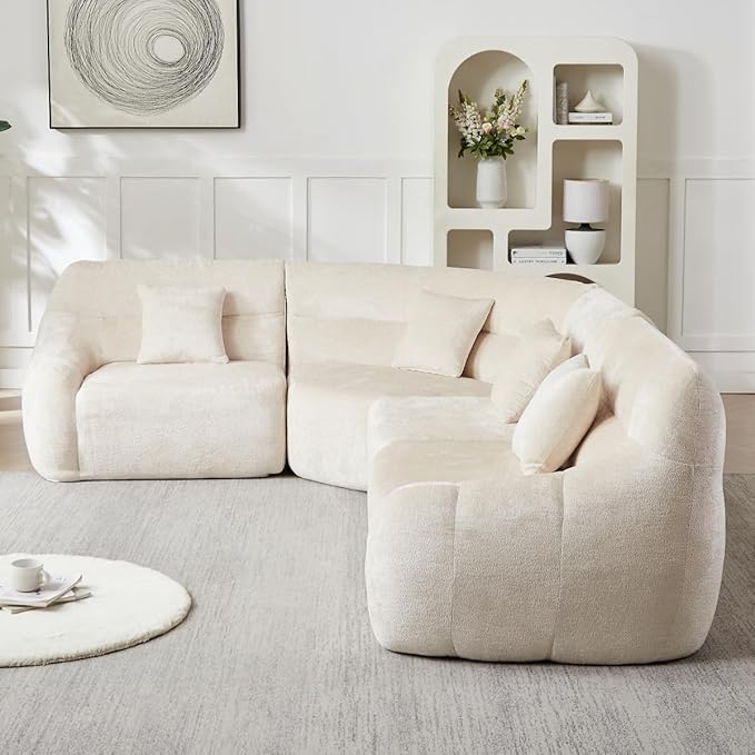 123 L-Shaped Corner Sectional Sofa with Curved Edge Modern Chenille Modular Cloud Couch High Back Oversized 4-Seater with 4 Pillows No Assembly Required Beige