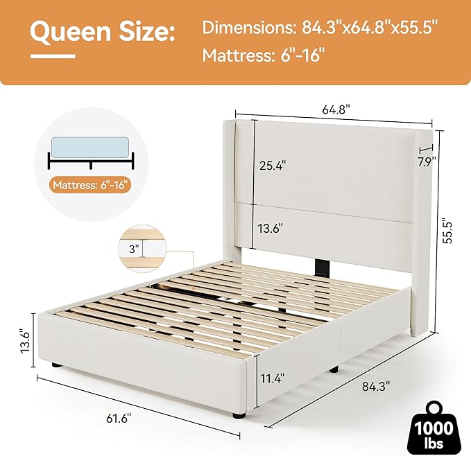 Queen Bed Frame Upholstered Platform Bed with 55.5 Tall Wingback Headboard Solid Wooden Slats Noise-Free Mattress Foundation No Box Spring Needed Easy Assembly Beige