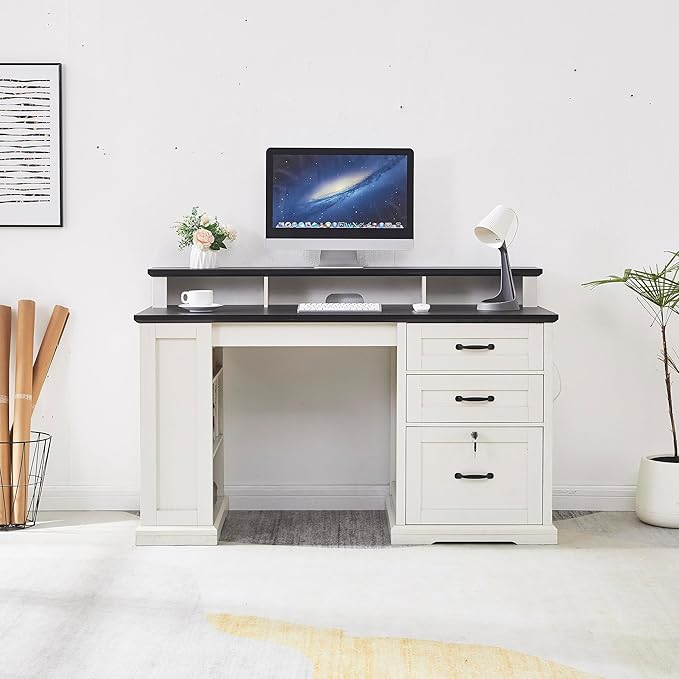 55”Farmhouse Executive Desk with Side Bookshelf Home Office Desk with Monitor Stand 2 Drawers &amp Lockable File CabinetRustic Computer Desk with Built-in Power Outlet (55)