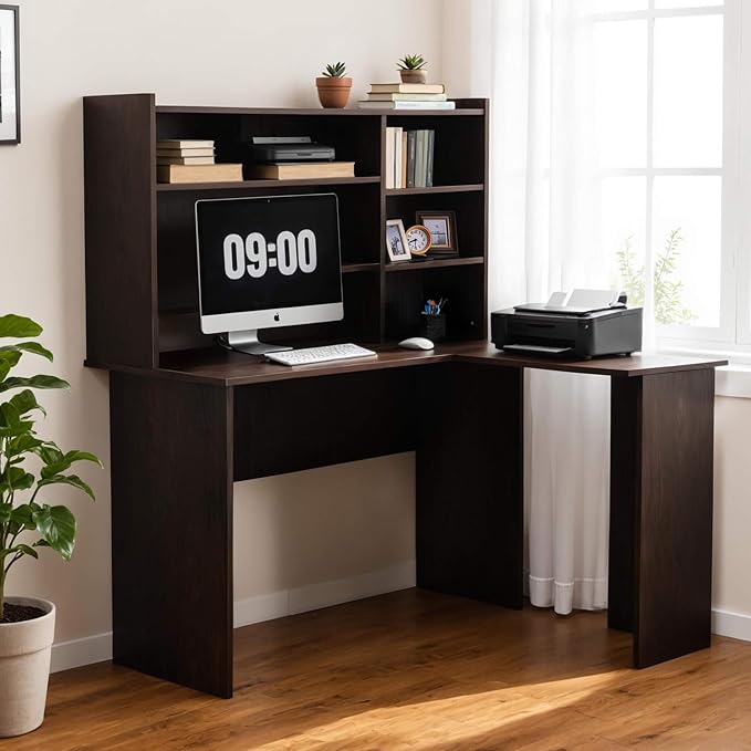 ivinta L Shaped Office Desk with Storage Shelves 47.2 Modern Corner Computer Desk with Storage hutch for Gaming Writing Study Wrok Small Home Office Table for Bedroom Living Room 7194 (Dark Brown)