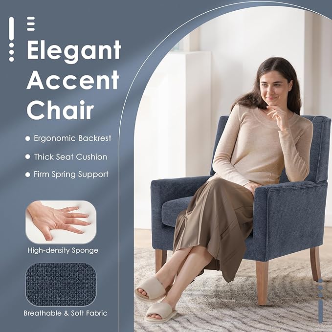 COLAMY Modern Wingback Living Room Chair Upholstered Fabric Accent Armchair Single Sofa Chair with Lounge Seat and Wood Legs for Bedroom/Office/Reading Spaces Blue