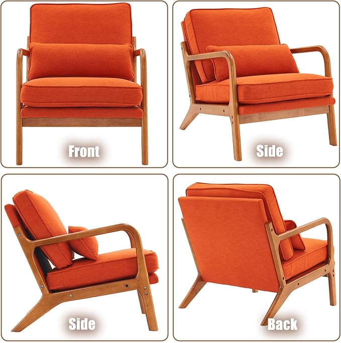 Mid Century Modern Accent Chair for Living Room Upholstered Armchair with Solid Wood Frame Comfy Reading Boho Chair for Bedroom (Orange)