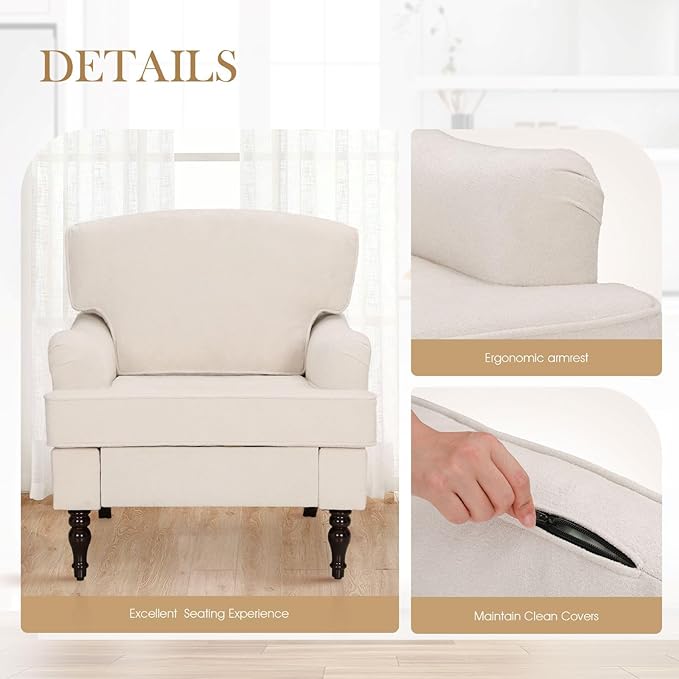 Sophia &amp William Living Room Chair Set of 2 Upholstered Accent Chair with Wood Legs Comfy Linen Fabric Armchair Off-White