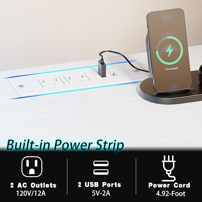 Lkeiyay White Gaming Desk with Led Lights &amp Power Outlet 48 inch Computer Desk with Wooden Drawers Monitor Stand &amp Headphone HookHome Office Desk