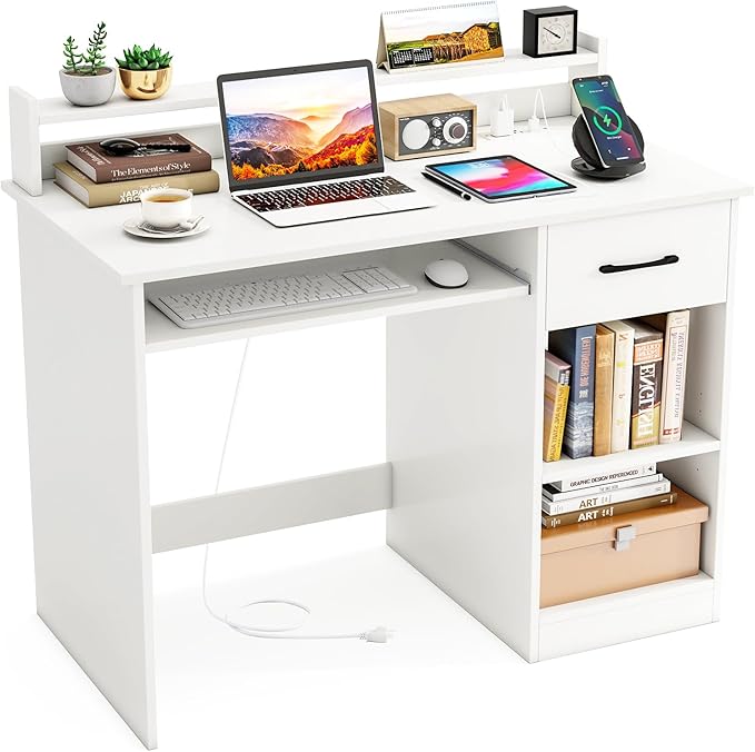 Tangkula White Desk with Drawer &amp Keyboard Tray Home Office Desk with Built-in Charge Station &amp Adjustable Shelf Study Writing Table with Hutch Modern Computer PC Workstation