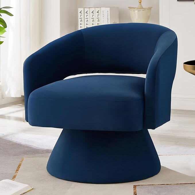 Swivel Barrel Chair Velvet Round Upholstered Accent ChairsLounge Chair with Open Backrest 360 Degree Comfy Single Sofa Dresser Chair for Living Room Hotel Bedroom Office (Navy)