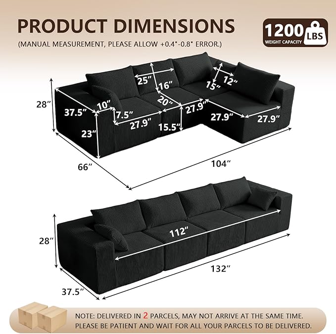 104 L-Shaped Corduroy Cloud Modular Sofa Modern 4-Seater Sectional Couch with 6 Pillows Deep Seat Upholstered Convertible Sofa Bed for Living Room No Assembly Required (Black)