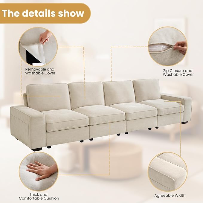 129 4-Seater Modular Sectional Sofa Modern Comfy Chenille Couch with Removable Chenille Washable Cover Seat Storage and USB Charging for Living Room Office Apartment Easy to Install Beige