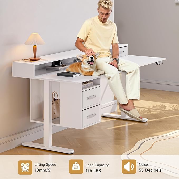 ONBRILL Standing Desk with Drawers 55x24 Inch Electric Stand Up Desk with 3 Drawers and Open Storage Shelf Adjustable Height 28-46 Inches for Home and Computer Workstation White