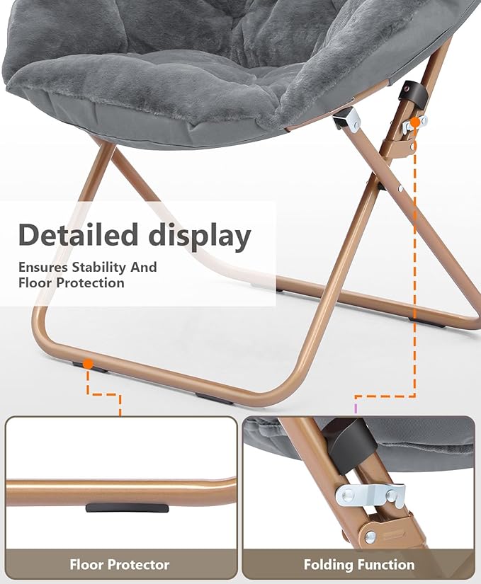 Cozy Saucer Chair Living Room Chair Faux Fur Soft Thick Padded Seat Metal Frame Folding Chair Comfortable Moon Chair for Living Room Bedroom Reading Nook Modern Style 1 Pack Gray