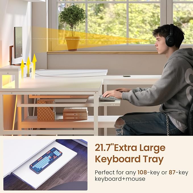 SEDETA 94.5 White Computer Desk Two Person Gaming Desk with LED Light Keyboard Tray Power Strip with USB Monitor Shelf &amp Storage Extra Long Double Desk for Home Office White