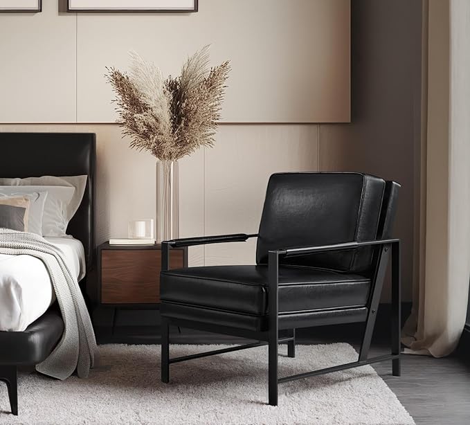 Yaheetech PU Leather Armchair Retro Leisure Accent Chair with Extra Soft Padded and Cushion Modern Reading Arm Chair with Black Metal Frame for Living Room/Office/Bedroom/Study Black