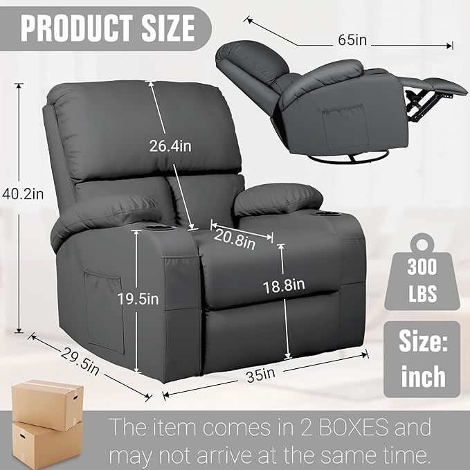 LEVELEVE Rocking Recliner Chair Massage Rocker Recliner Chair with Vibration Massage and Heat 360° Swivel Faux Leather Chairs Living Room Bedroom Nursery RV Dark Grey