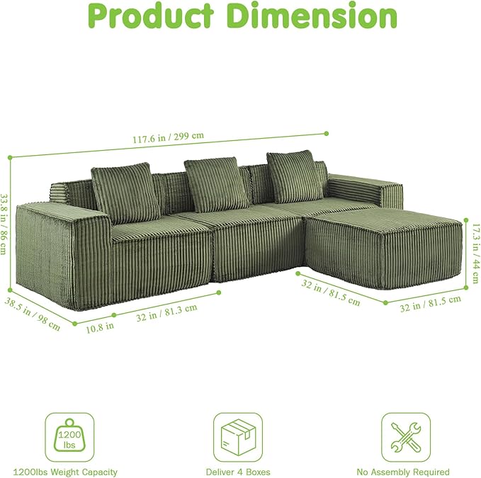 117.6'' Boneless Couch Cloud Couch Sectional L-Shape Modular Sectional Sofa Convertible Corduroy Sleeper Sofa Bed Upholstered Couches for Living Room No Assembly Required