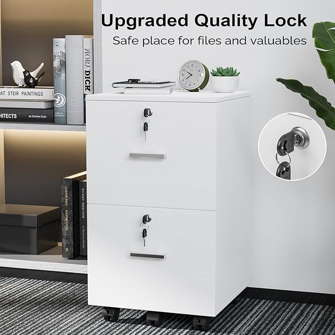VINGLI 2 Drawer File Cabinet with Lock Wood Grain White File Cabinets for Letter Size File Folders with Tabs Mobile Under Desk Filing Cabinets for Home Office Rolling Filing Cabinet Printer Stand