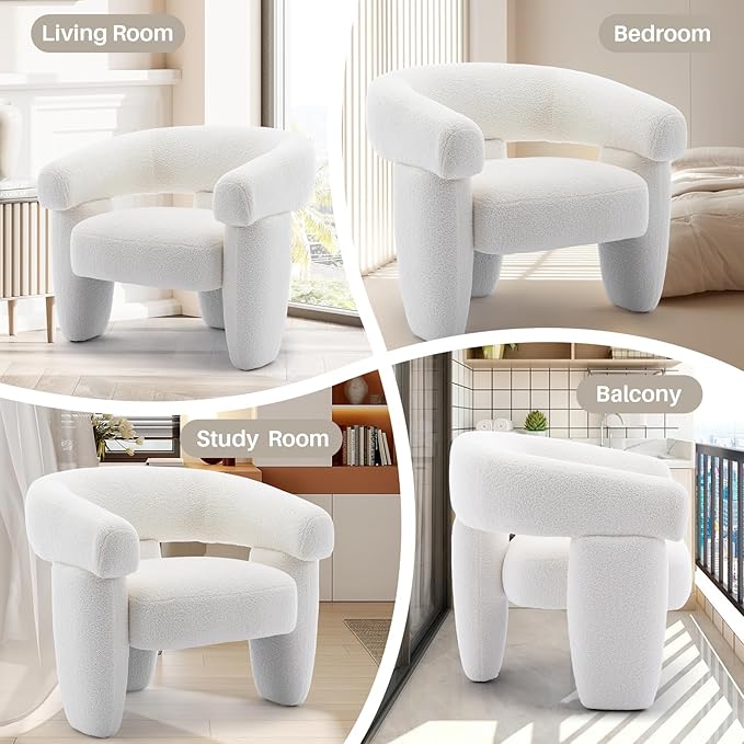Mid Century Modern Accent Barrel Chair Comfy Upholstered Round Armchair with Montage Design Sherpa Boucle Lounge Chair for Living Room Bedroom Apartment Cream White