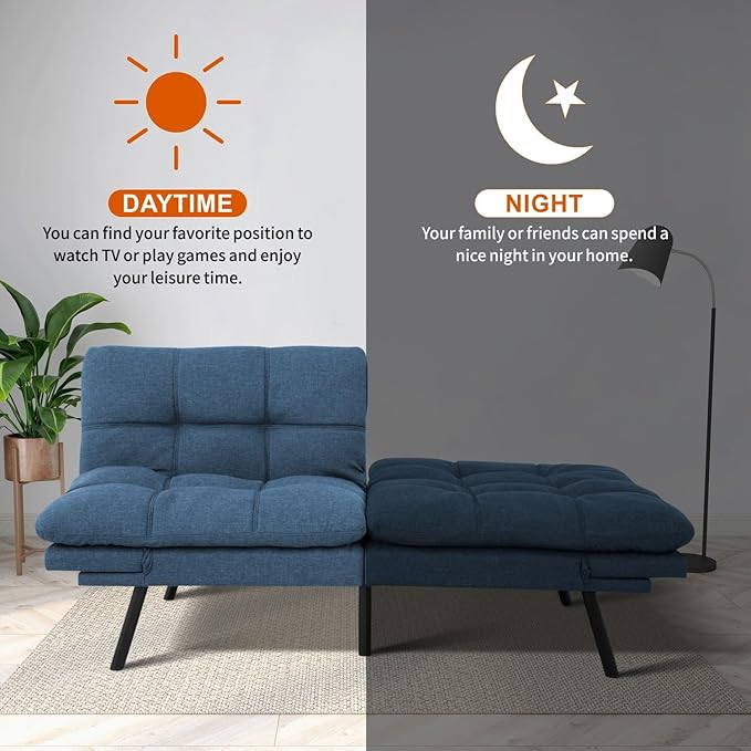 MUUEGM Futon Sofa Bed 71 Convertible Memory Foam Royal Blue Futon Couch Bed Modern Loveseat Sleeper with Adjustable Backrests Armrests for Living RoomSmall SpaceOffice