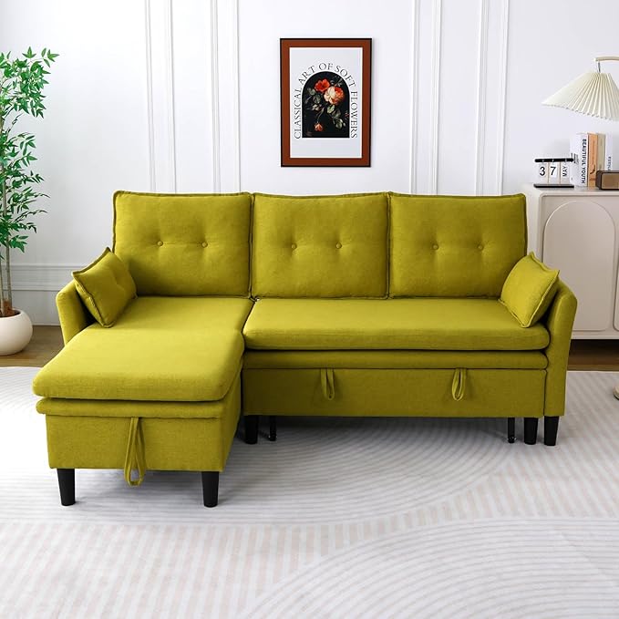78 L-Shaped Sleeper Sofa Bed Couch 3-Seater Reversible Pull Out Couch Bed with Storage Chaise Lounge Cotton-Linen Pullout Sofabed Sectional Couches for Living Room Apartment Green