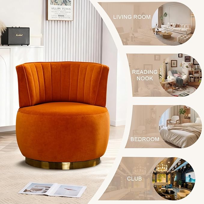 360 Degree Swivel Accent Chair Comfy Round Swivel Barrel Chair with Mental Base Upholstered Cozy Reading Armchairs Modern Lounge Sofa Chairs for Living Room Bedroom Club Office(Velvet Orange)