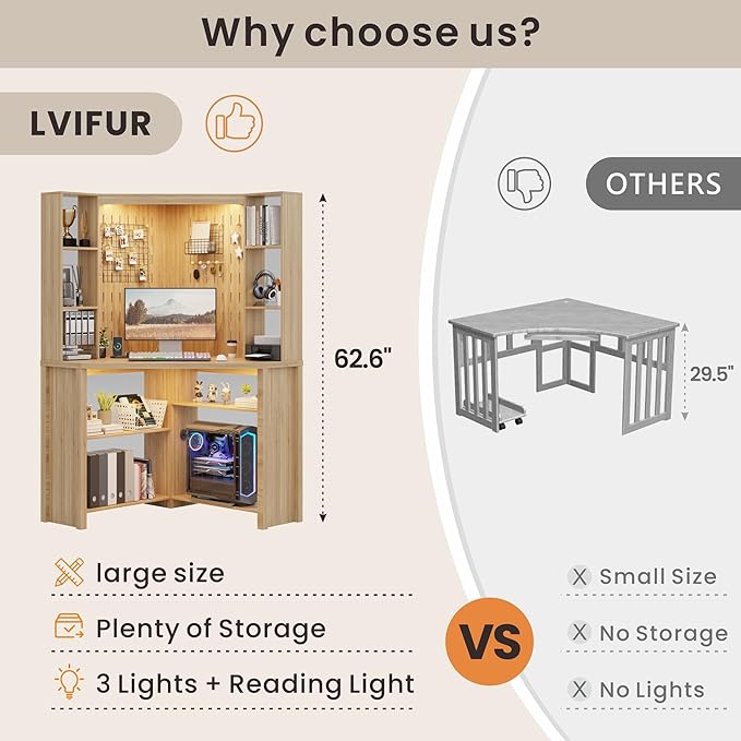 Corner Desk with - LED Reading Light L-Shaped Computer Desk w/Hutch &amp Shelves Home Office Desk w/Charging Station for Work &amp Study File Cabinet Storage Bookshelf for Small Space (Natural)