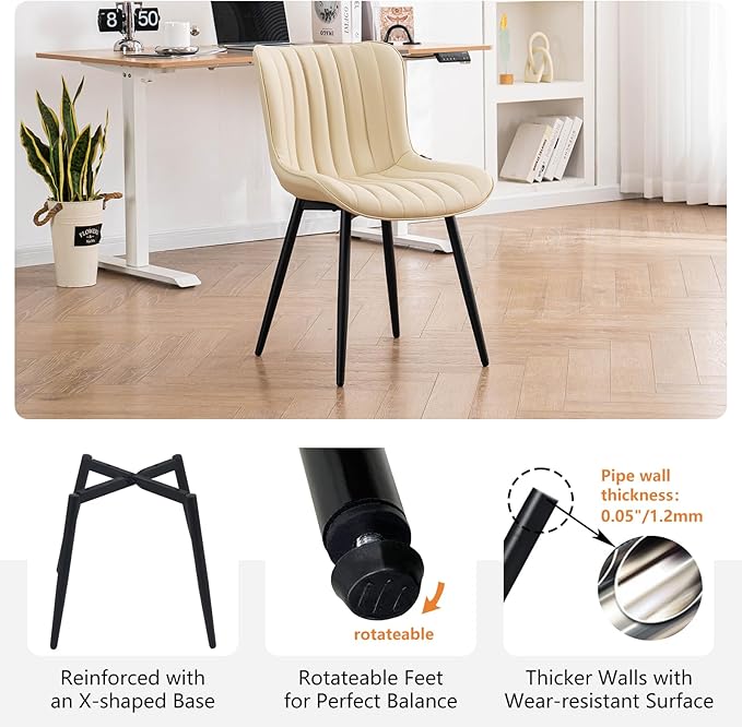 YOUNUOKE Mid-Century Modern Dining Chairs Set of 2 Beige PU Leather Upholstered Kitchen Chairs with Black Metal Legs Armless Accent Chair for Dining Room Guest Reception Room