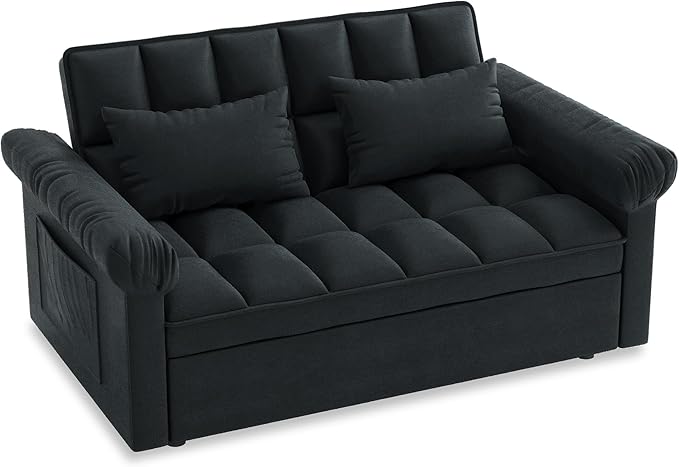 Modern Loveseat Sleeper Sofa with Pull-Out Bed &amp Adjustable Backrest Convertible Sofa Bed with Strong Wood Frame for Small Space Living Room Guest Room Easy Assembly (Black85)