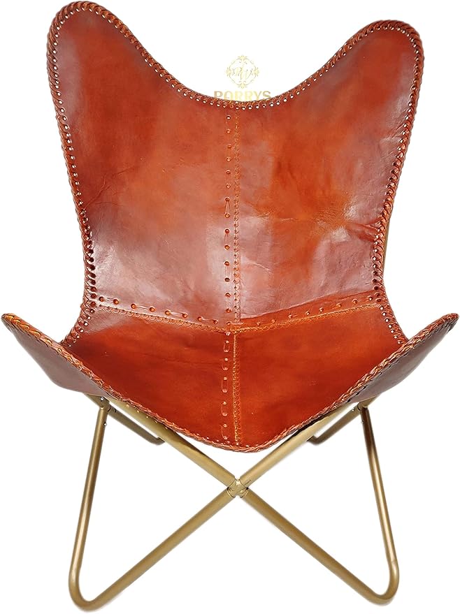 Butterfly Chair - Indian Handmade Brown Leather Butterfly Chair for Home and Office - Iron Stand Leather Office Chair – Comfortable Chair