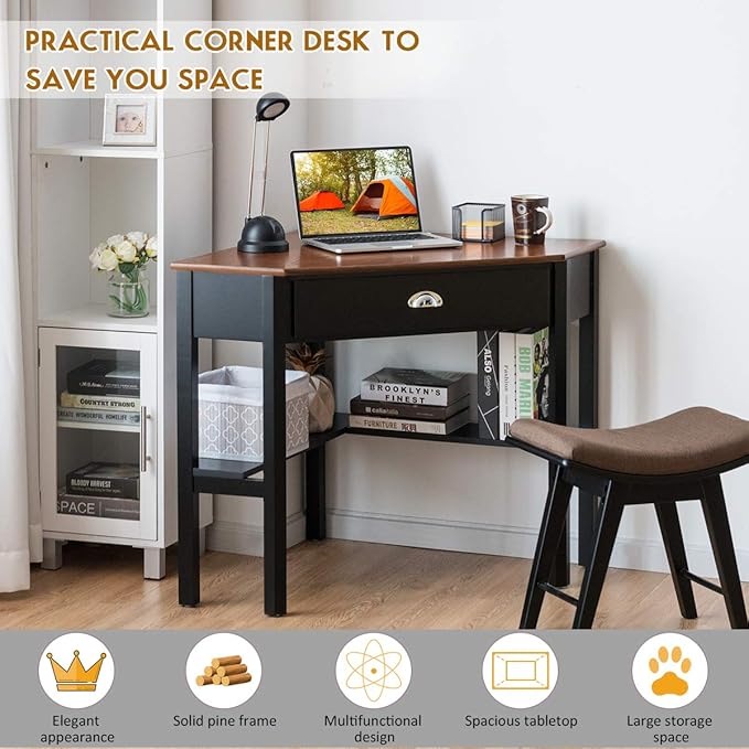 RELAX4LIFE Corner Computer Desk Triangle with Drawer and Shelves Stable Laptop PC Table Home Office Writing Desk Study Workstation Desk (Coffee)