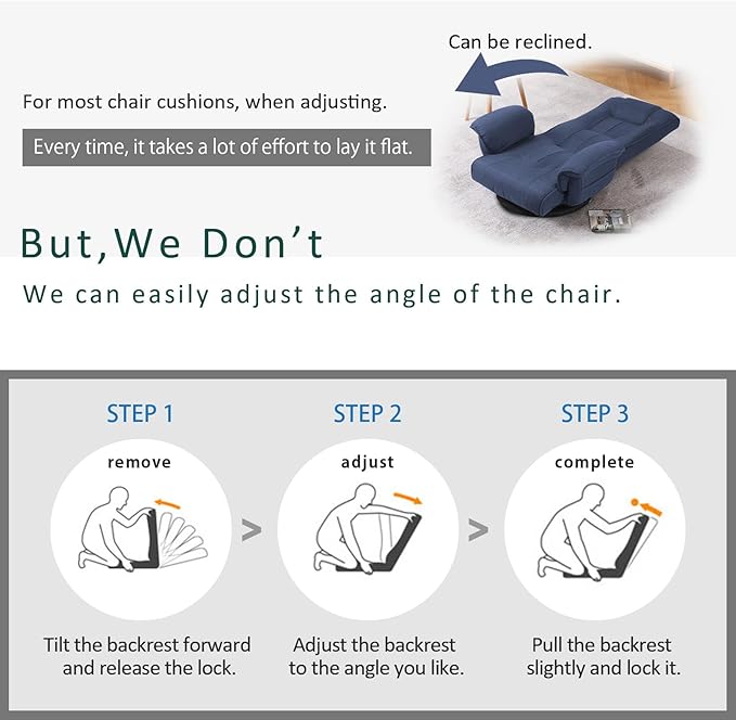 FLOGUOR 360 Degree Swivle Adjustable Floor Chair Chaise Lounge Indoor Folding Lazy Sofa with Armrests and Side Pocket Adults Gaming Chairs for Living Room Bedroom Factory Price 201 (BL)
