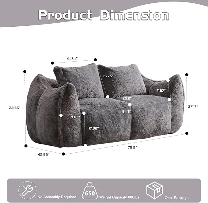 Compressed Sofa Couch in a Box 75” Beige Plush Floor Sofa Couch with Memory Foam for Bedroom Apartment Comfy Upholstered Foam Loveseat with Curved Armrest No Assembly (Grey)