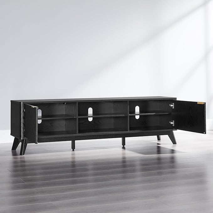 OKD 70 Mid Century Modern Fluted TV Stand Entertainment Center Sideboard Media Console for Living Room with 2 Soft Close Door/Adjustable Shelves (Black Oak)