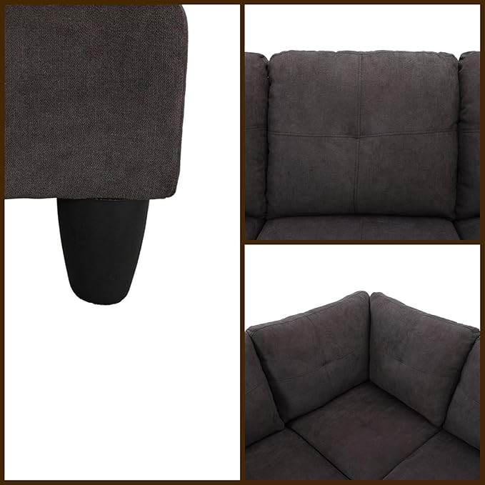 L Shaped Couch Sectional Couches with Chaise Fluffy Fabric 3 Pieces Modular Convertible Sofa for Living Room Furniture Sets and Small Apartment Dark Brown