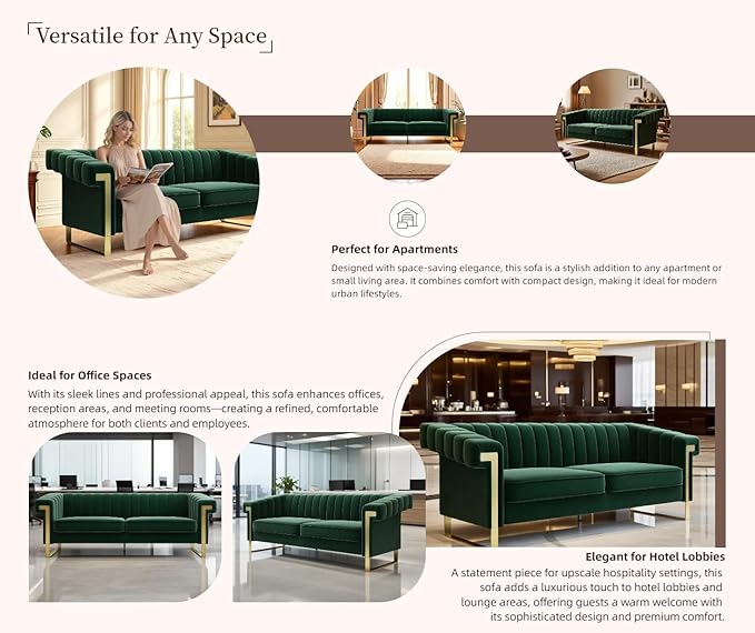 KEIKI 84 Velvet Sleek Channel-Tufted Sofa with Armrest and Back Cushions Modern Gold Accents 3-Seater Upholstery Couch with Solid Legs Easy Assembly for Living Room Bedroom Apartment Green