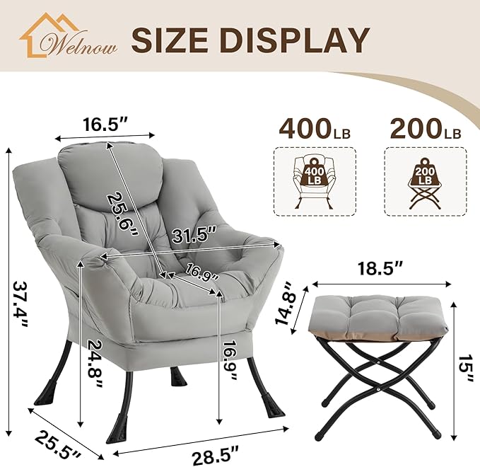 Welnow Lazy Chair with Ottoman Modern Accent Chair with Armrests and a Side Pocket Leisure Sofa Armchair Set Reading Armchair with Footrest for Small Space Light Grey