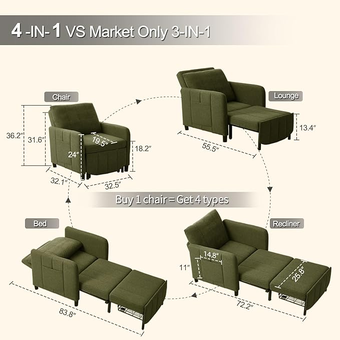 Sleeper Chair 84 Extra Long Convertible Chair Bed Upgraded 3-in-1 to 4-in-1 Pull Out Chair &amp Single Sofa Bed for Adult Sleeping Chair for Living Room Small Space (Modern Green)