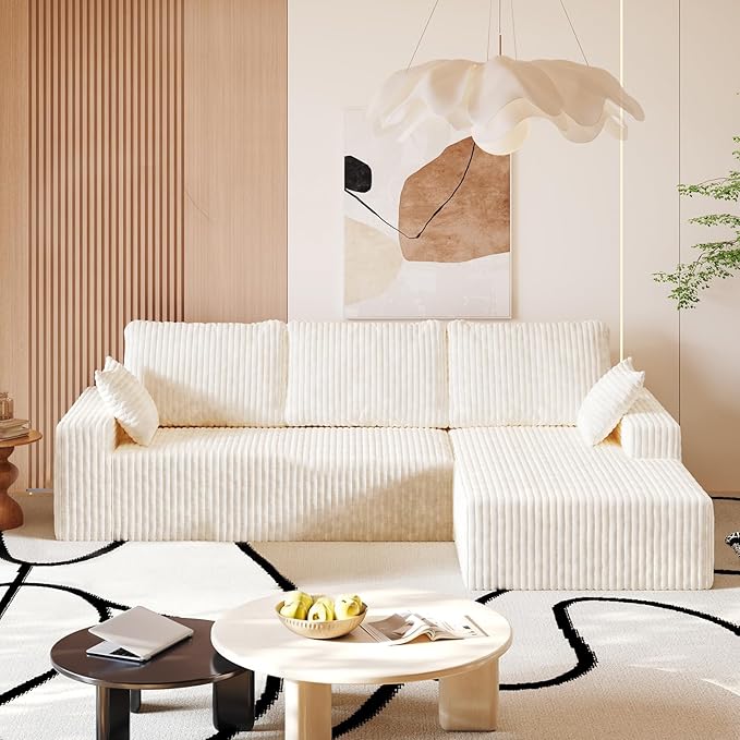 108” L Shape Sectional Boneless Couch35D Sponge Comfy 3 Seat SofaCloud Thickened FlannelModular Couches for Living RoomNo AssemblyDeep SeatOversized Chaise (White 108 Right Chaise)