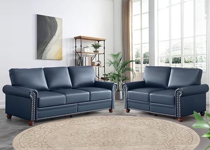 Faux Leather Sofa82 W Mid Century Modern Couch with Storage PlaceOversized 3 Seater Sofa with Nailhead Trim&ampRolled ArmrestsDeep Seat Comfy Couch for Living RoomBedroomApartmentOffice(Navy)