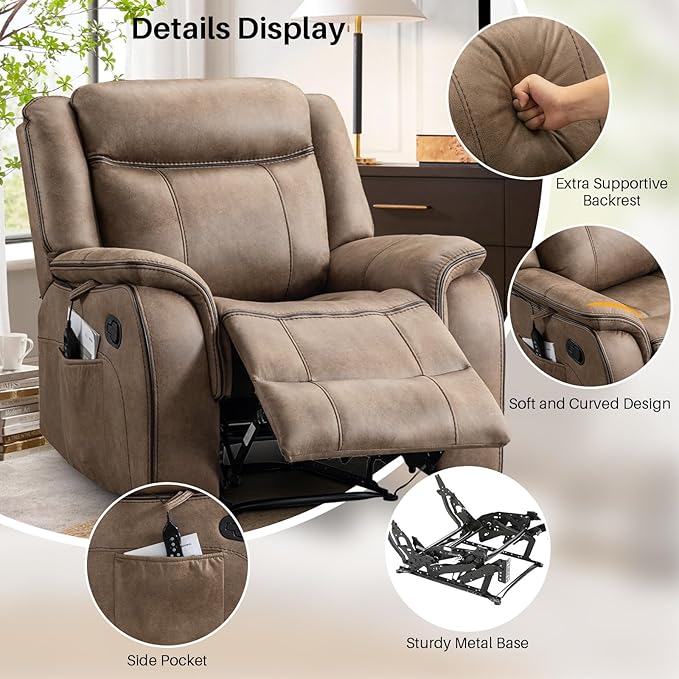 Massage Recliner Chair with Heat Faux Leather Recliner Chairs for Adults 39 Wide Manual Reclining Ergonomic Lounge Chair Overstuffed Wall Hugger Recliners for Living Room Nut Brown