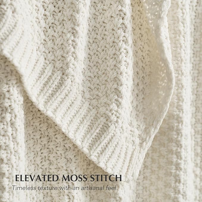 EVERGRACEHOME Chunky Chenille Knit Throw Blanket for Couch Soft Luxurious Moss Stitch Blankets for Bed Cozy Decorative Farmhouse Knitted Throws for Sofa Bright White 50 x 60