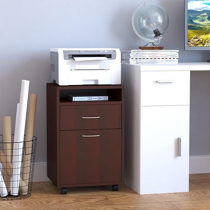 Brown Mobile Storage Cabinet with Drawer and Cabinet Open Storage Space Rectangular Portable Filing Cabinet Traditional for Office Study Room