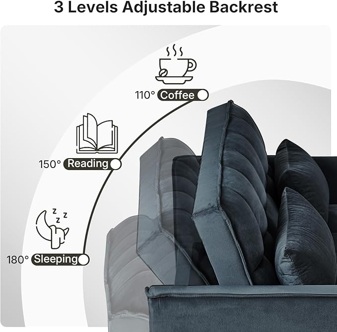 Rovibek 3 in 1 Sleeper Sofa Bed 53'' Pull Out Couch Convertible Futon Loveseat with Adjustable Backrest Velvet Sleeper Chaise Lounge Futon for Apartment Office Small Space Black
